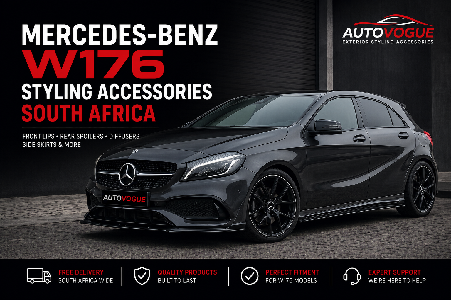 Mercedes W176 styling accessories including front lip, rear spoiler and diffuser