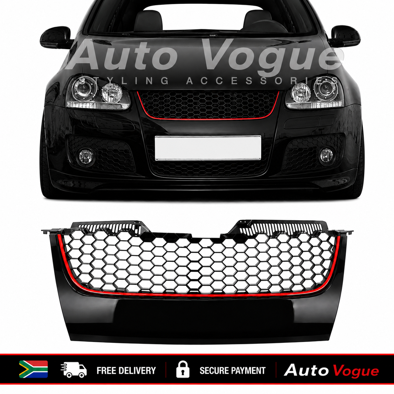 VW Golf 5 GTI fitted with a gloss black debadged honeycomb front grille