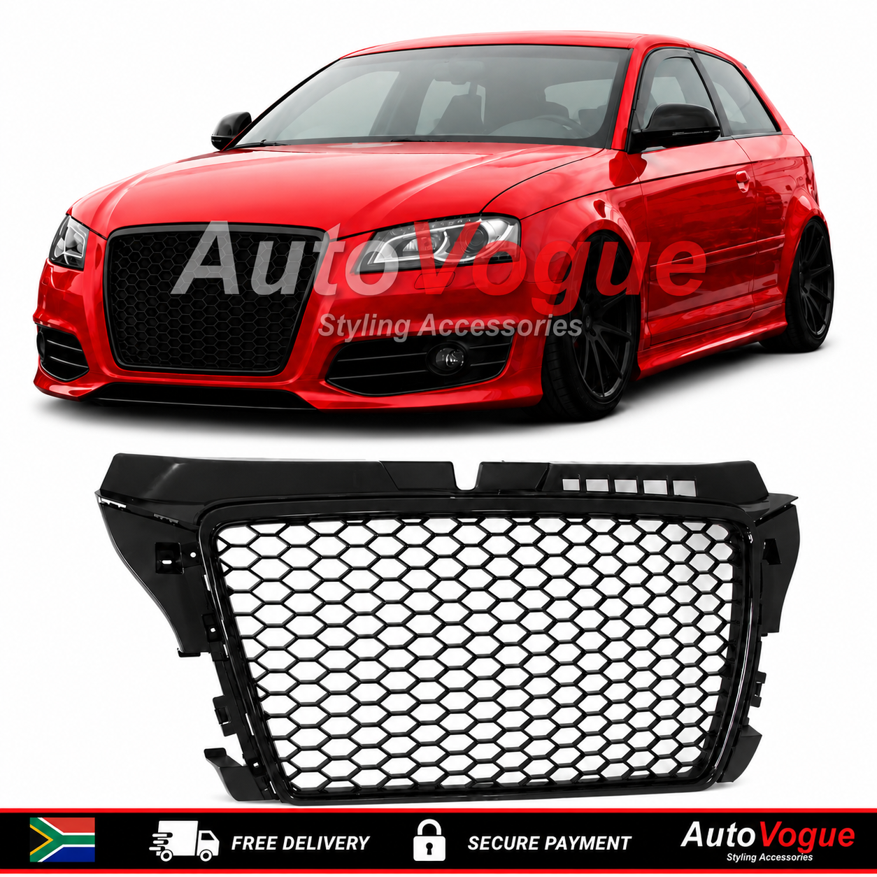 Audi A3 8P debadged honeycomb grille in gloss black