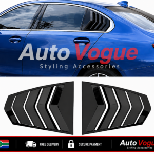 Gloss black BMW G20 3 Series quarter window louvers fitted to a 2019–2022 BMW G20 sedan