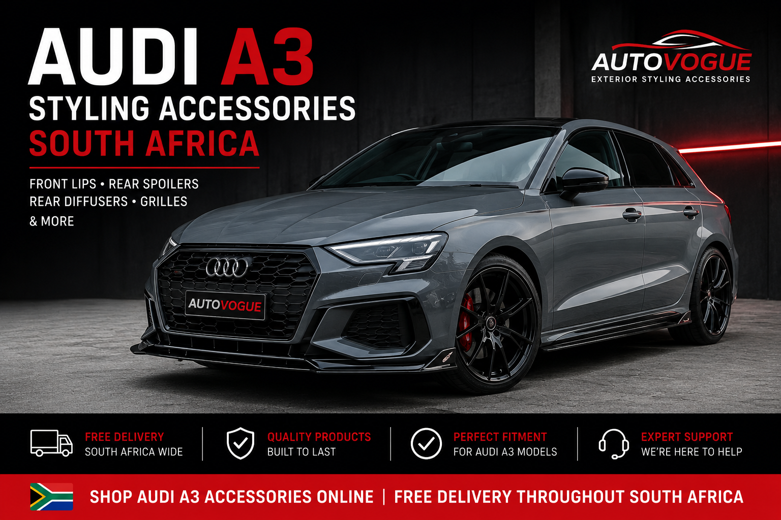 Audi A3 with exterior styling accessories including a front lip, rear spoiler and diffuser